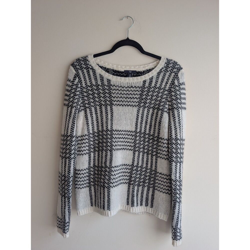 Gap Women's M Black Ivory Plaid Wool Blend Sweater Oversized Knit Crewneck